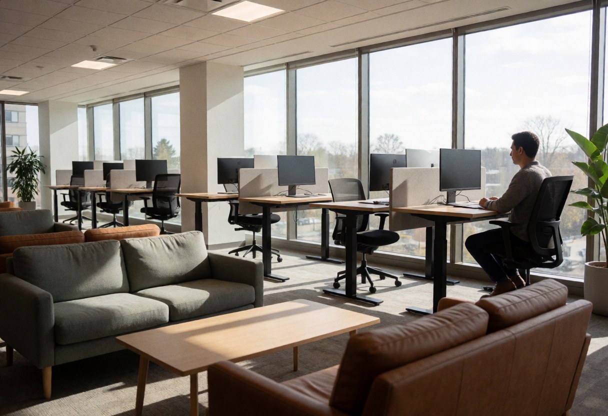 A man works on a computer in a modern coworking space with natural light and sofas.