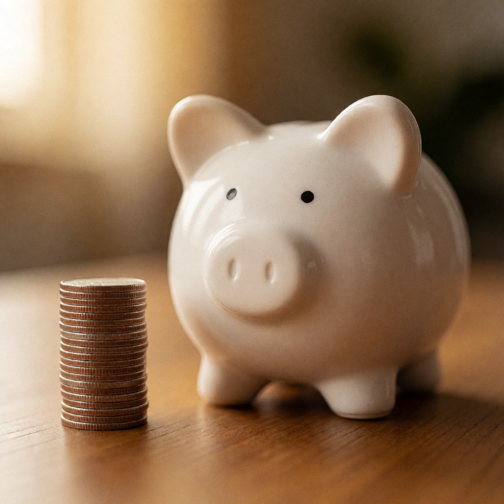 A ceramic piggy bank next to a stack of coins on a wooden table.