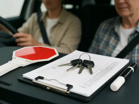 Two people in a car, one with hands on the steering wheel and the other in the passenger seat, with a clipboard and keys on the dashboard.