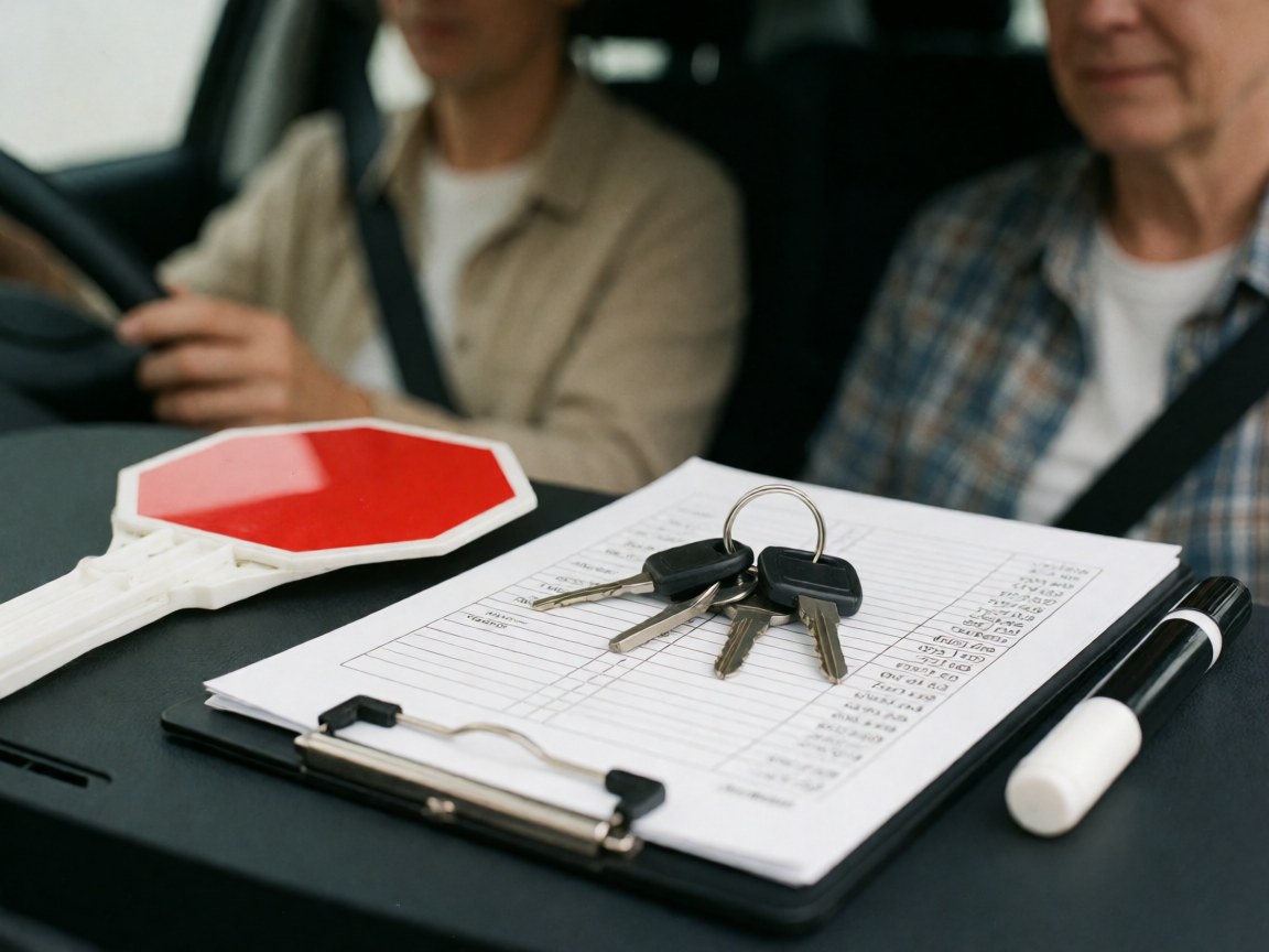 Two people in a car, one with hands on the steering wheel and the other in the passenger seat, with a clipboard and keys on the dashboard.