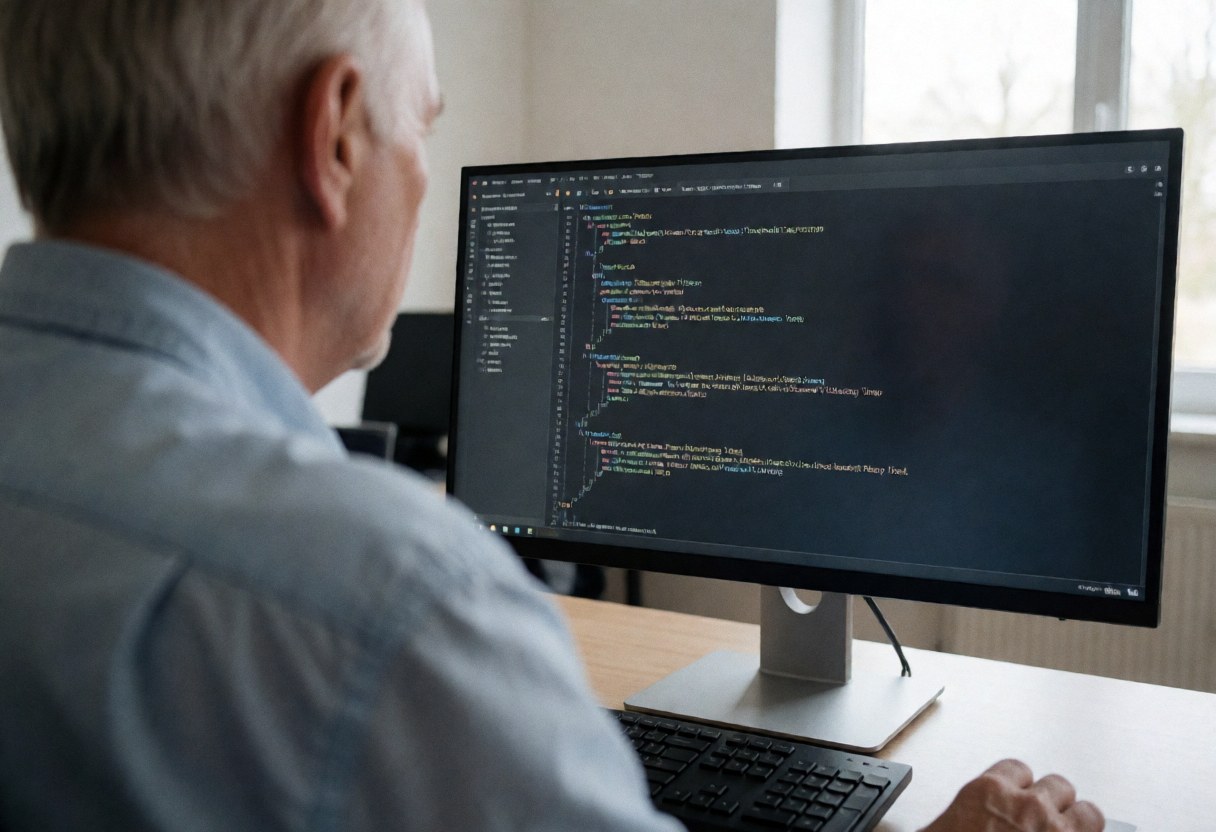 An older man in a blue shirt works on a computer with visible code on the screen, seated at a wooden desk.