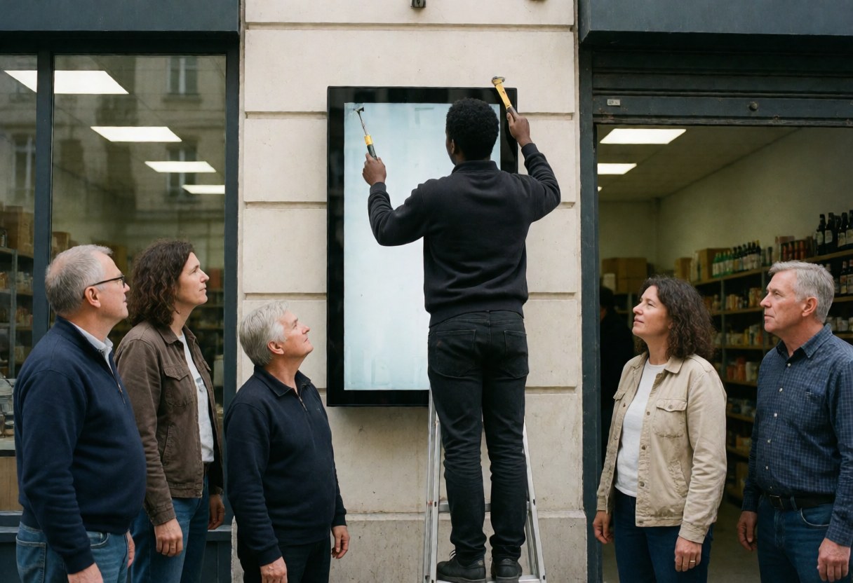 A man installs a digital screen on a storefront facade while five people watch attentively.