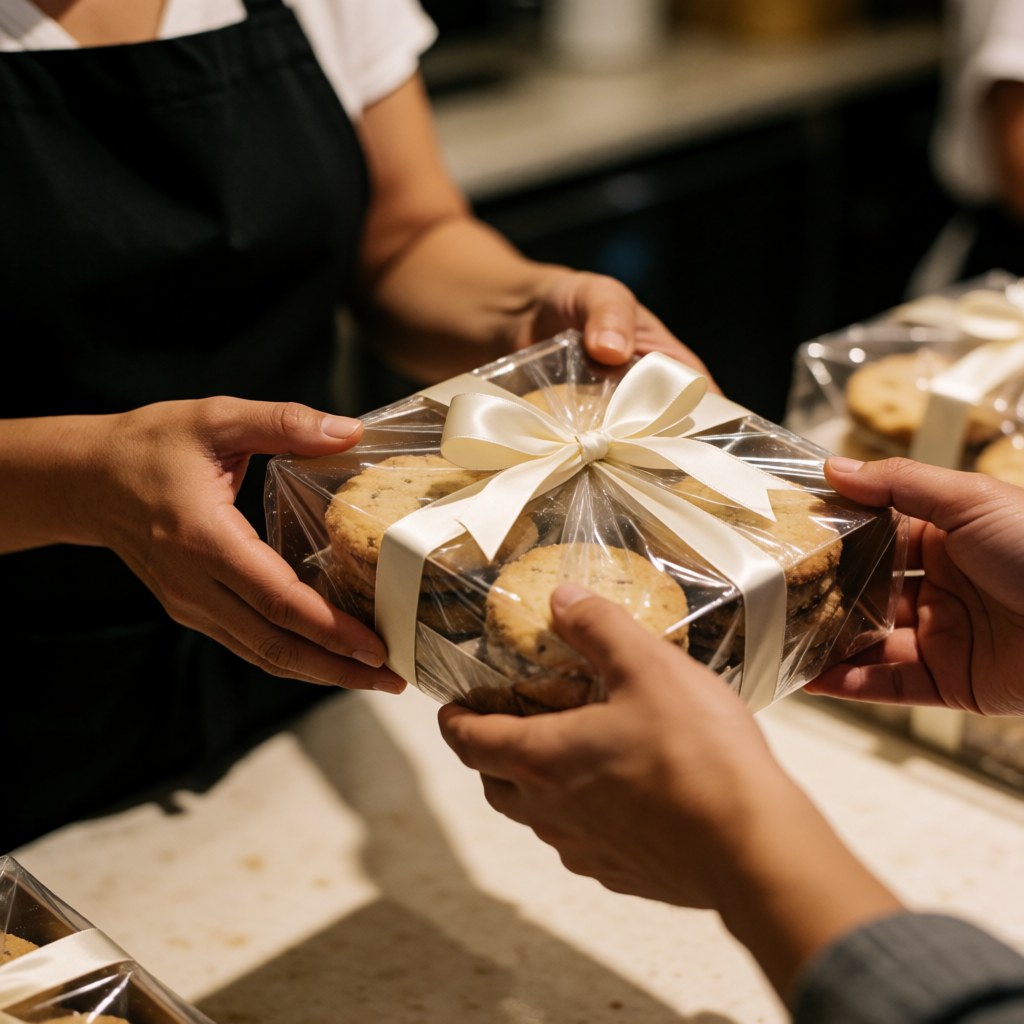 A person hands a box of cookies tied with a white ribbon to another person at a counter.