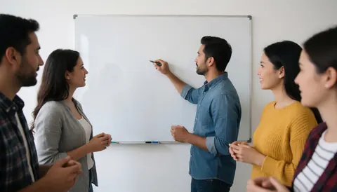 A marketing team meeting where one man writes on a whiteboard while colleagues observe attentively