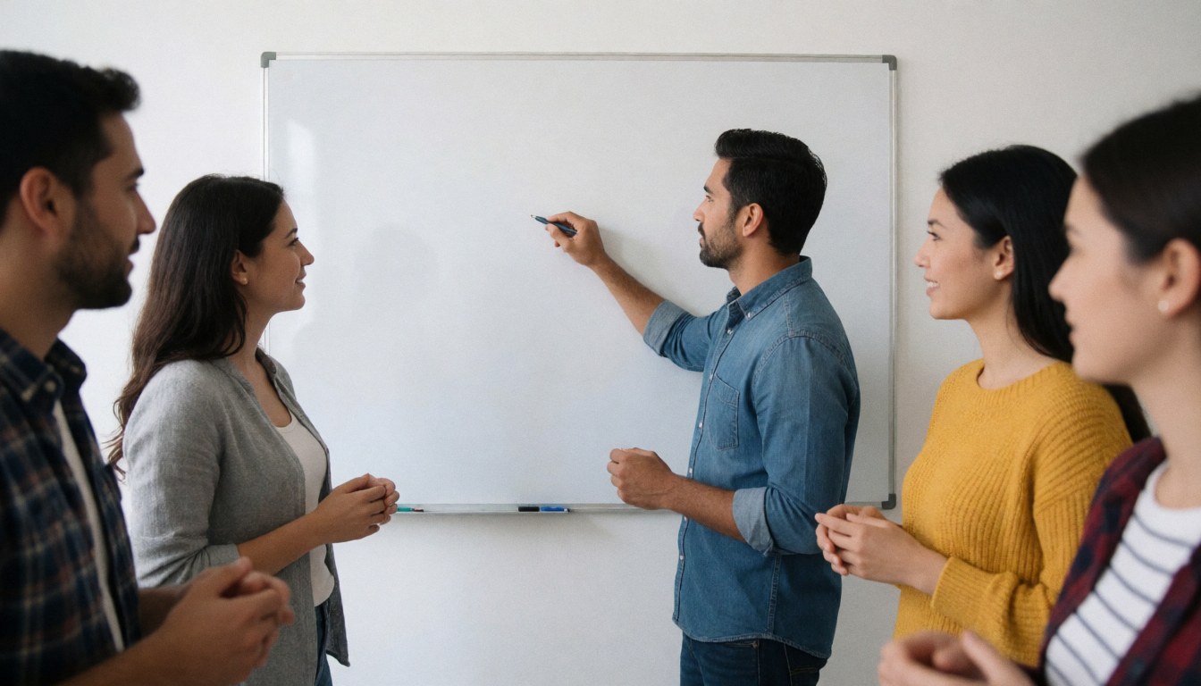 A marketing team meeting where one man writes on a whiteboard while colleagues observe attentively
