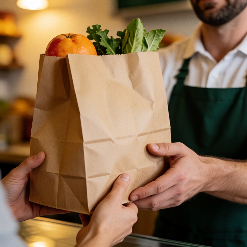 A bodega worker hands a paper bag filled with fresh fruits and vegetables to a customer in a warm neighborhood store setting