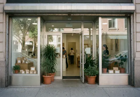 Exterior view of a modern veterinary clinic featuring large glass doors, potted plants, and people visible inside the entrance area.