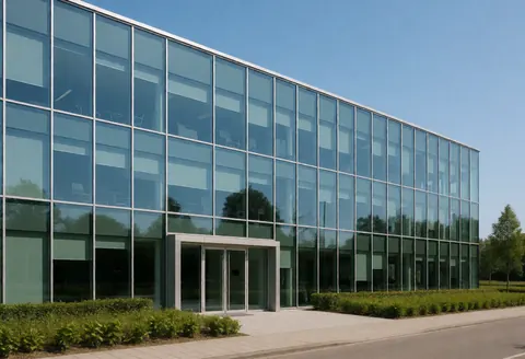 Modern glass building with main entrance, ideal for online course platforms, professional and clean atmosphere