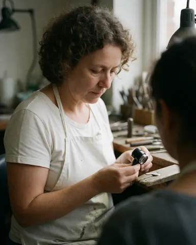 Female jeweler wearing white apron working with loupe in workshop with tools in background and natural light