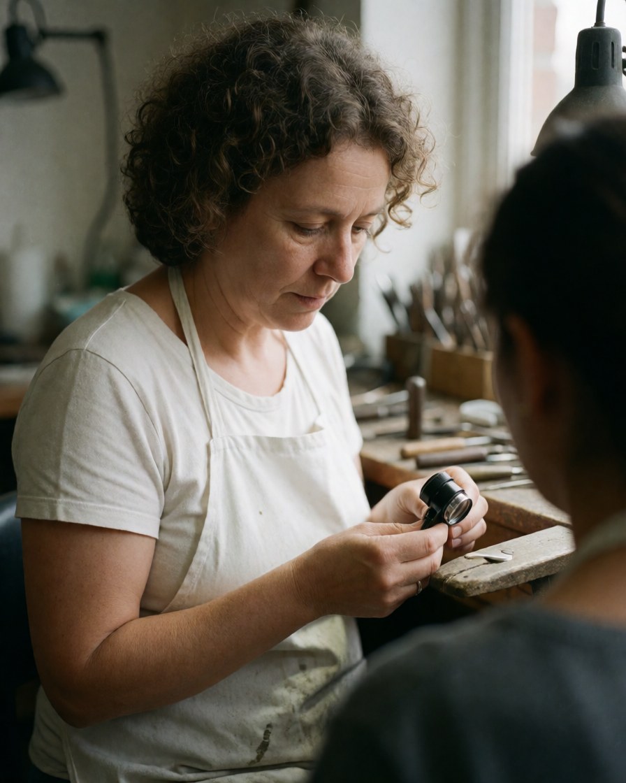 Female jeweler wearing white apron working with loupe in workshop with tools in background and natural light