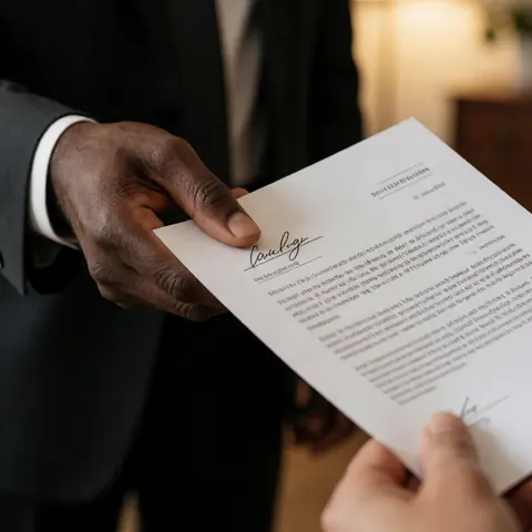 A man's hand delivering a signed document in a professional setting suitable for accounting services.