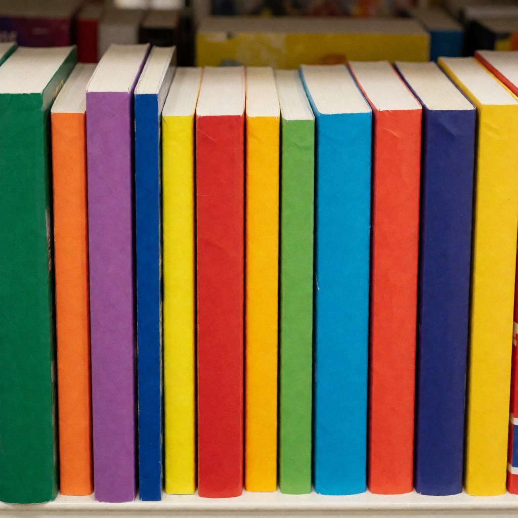 Vibrant spines of paperback books neatly lined up on a shelf with bright lighting for product promotion