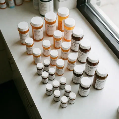 Various medicine bottles with white labels on a white counter near a window.