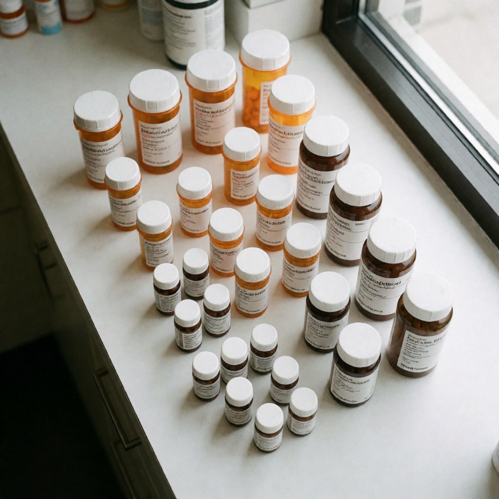 Various medicine bottles with white labels on a white counter near a window.