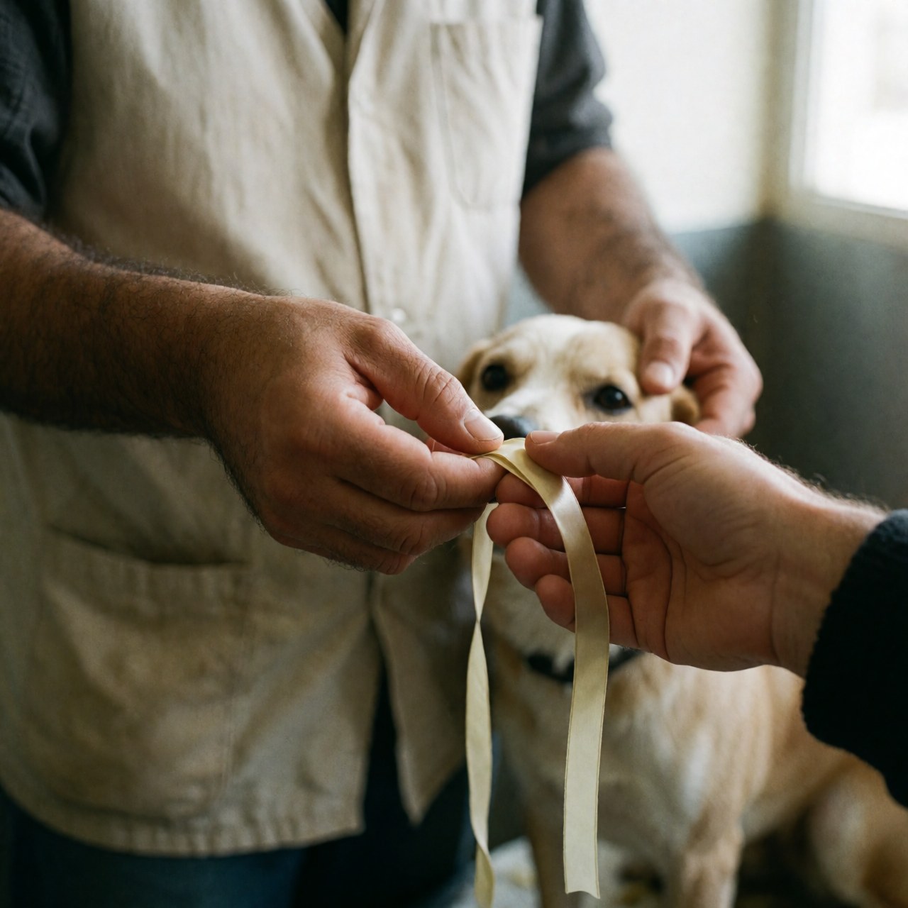 A groomer hands a ribbon to a customer while a dog watches attentively.