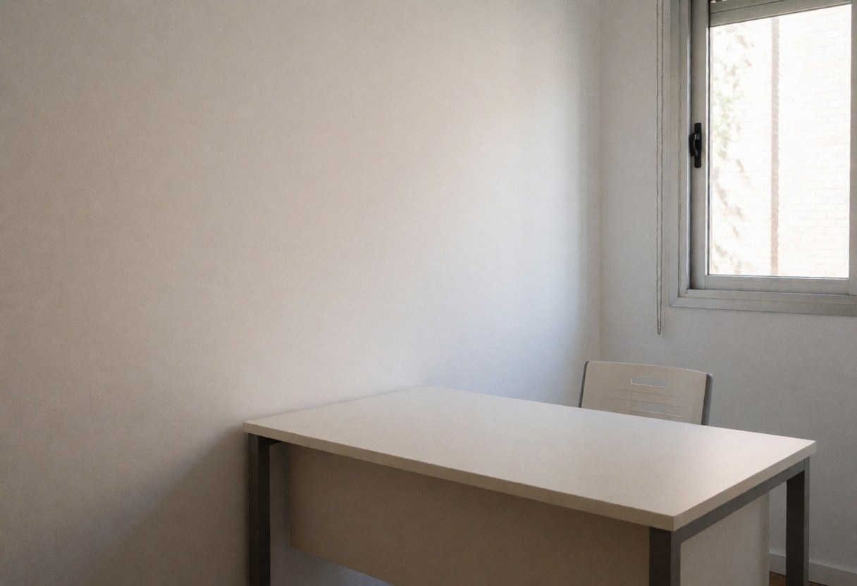 Empty consultation room with table and chair, white walls and window, clean and modern atmosphere.