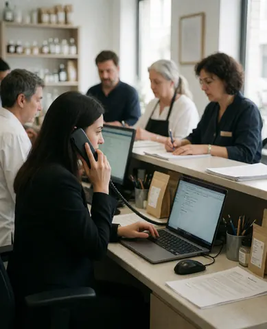 A receptionist answers a phone call while working on a laptop in a modern office with other employees.