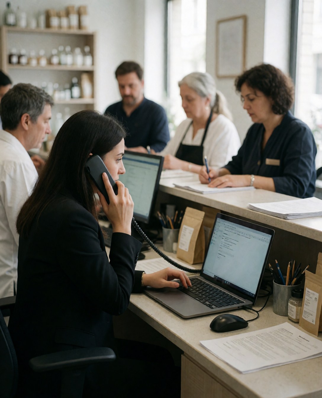 A receptionist answers a phone call while working on a laptop in a modern office with other employees.