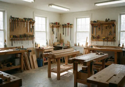Empty carpentry workshop with workbenches, hanging tools, and wooden planks ready to be worked on.