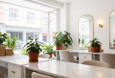 Nail salon interior with marble tables, chairs and green plants.