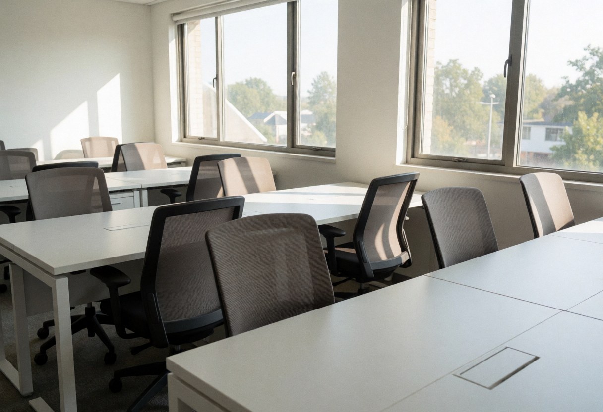 Empty modern office with white tables and office chairs, ready for meetings or remote work.