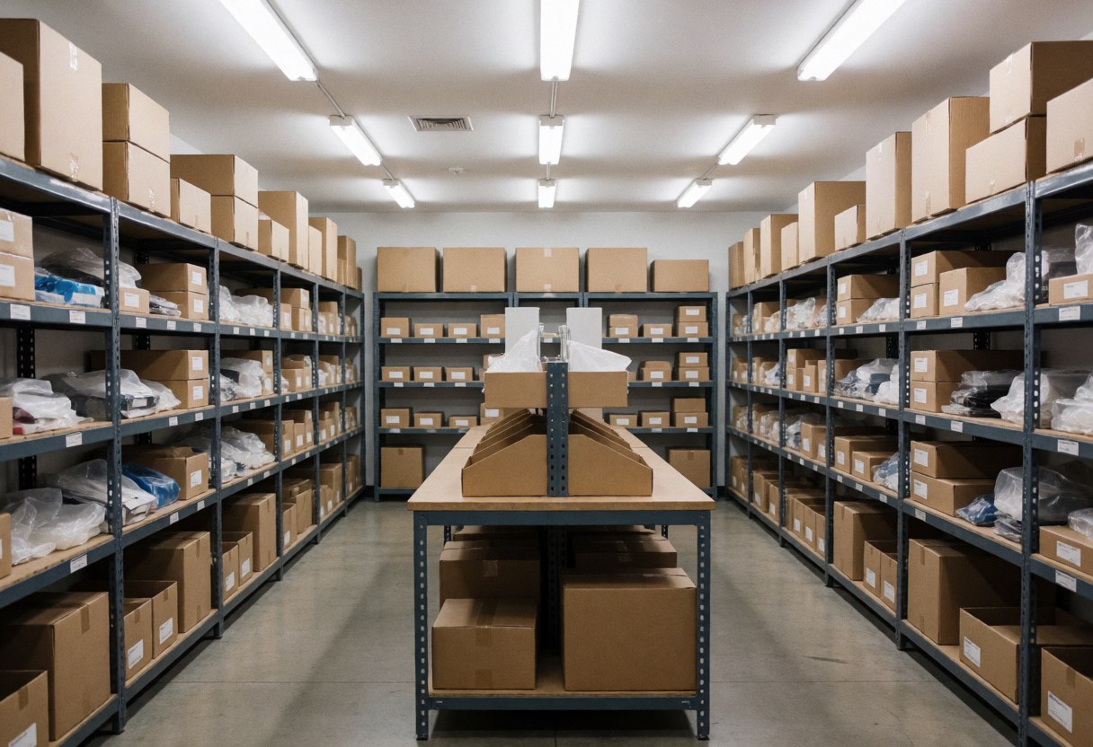 Online store warehouse with shelves full of boxes and a central table for packing products.
