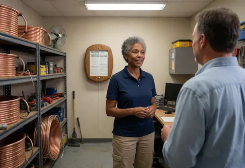 A female technician talks to a client in a service office with copper pipe coils and tools.