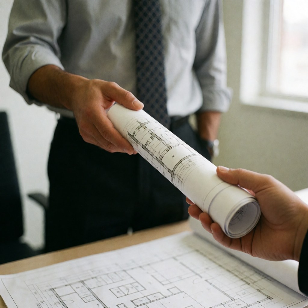 Two people in an office hand over and review rolled-up architectural blueprints on a work desk.