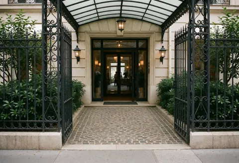 Hotel entrance with wrought iron gate, glass doors and stone path