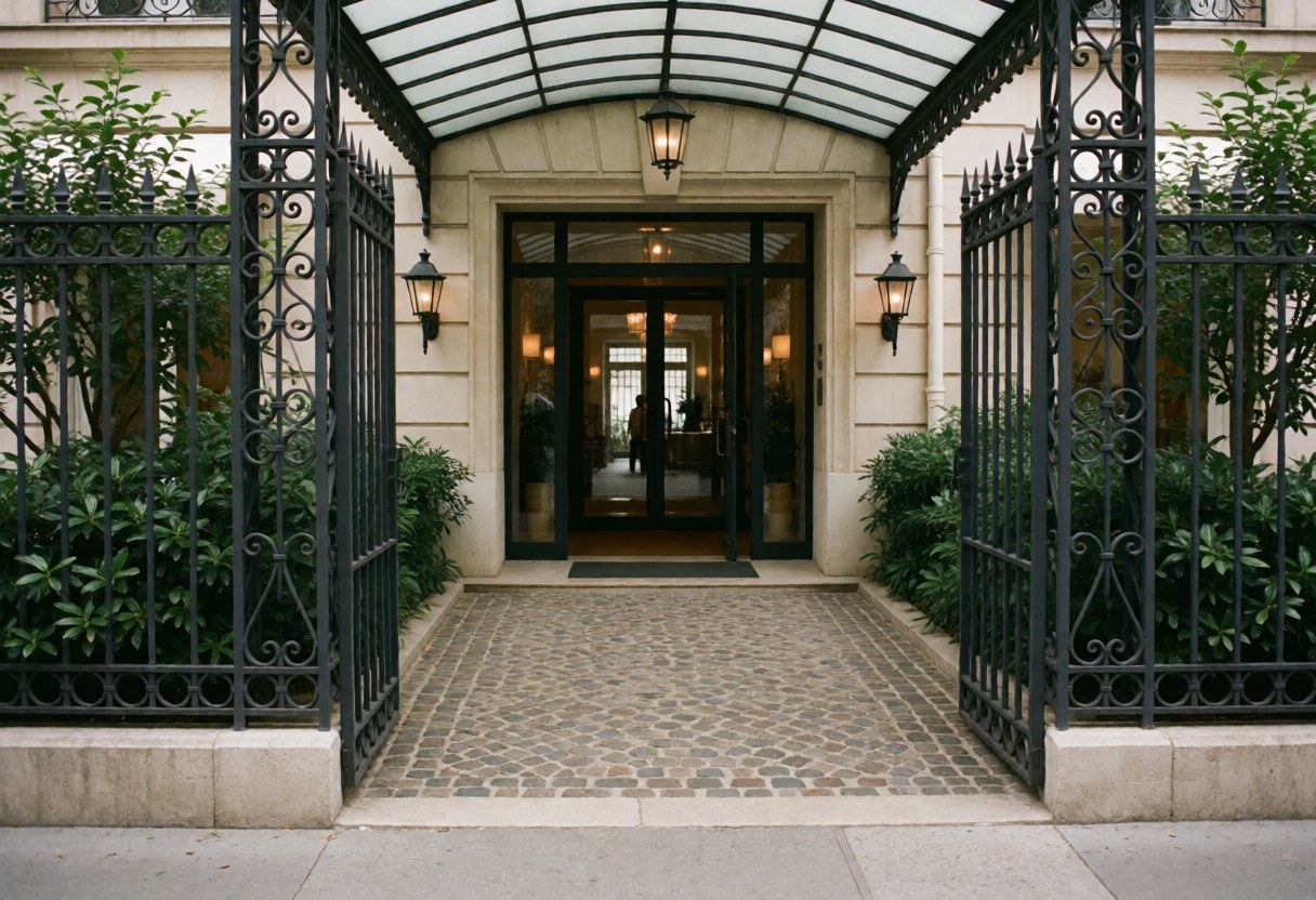 Hotel entrance with wrought iron gate, glass doors and stone path