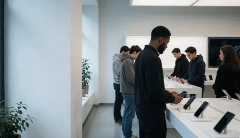 Several young customers testing smartphones on white display counters in a modern tech store.