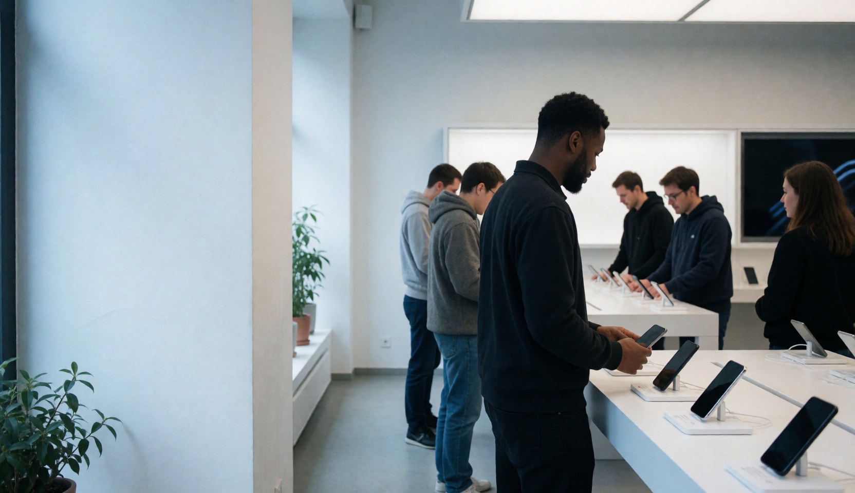 Shoppers testing smartphones on white counters in a clean, minimalist electronics store with bright natural light