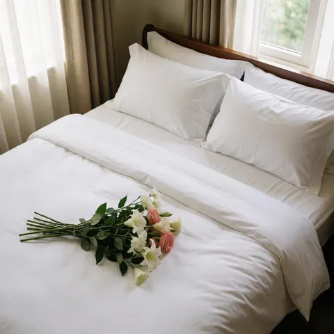 White bed with fresh flowers on it, near a window with curtains.
