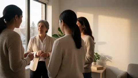 A therapist converses with patients in a psychology office with natural light, modern furniture, and decorative plants.