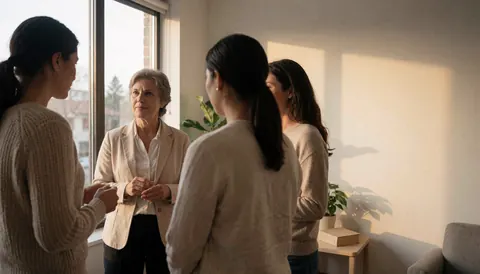 A therapist converses with patients in a psychology office with natural light, modern furniture, and decorative plants.