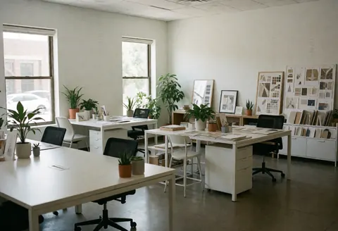 Clean modern office space for events and weddings featuring white tables, plants, furniture, and design samples with natural light
