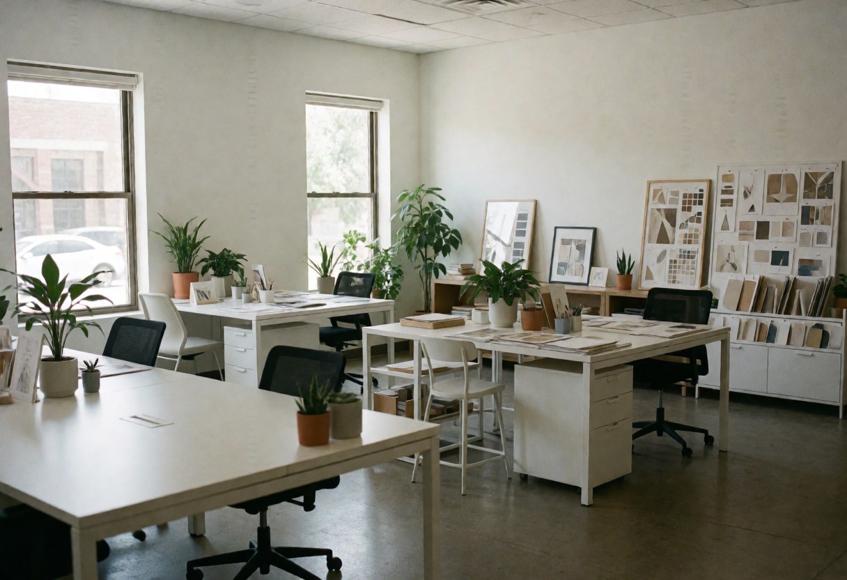 Clean modern office space for events and weddings featuring white tables, plants, furniture, and design samples with natural light