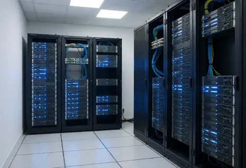 Clean and professional server room featuring organized racks, blue indicator lights, and neatly managed cables for IT support infrastructure.