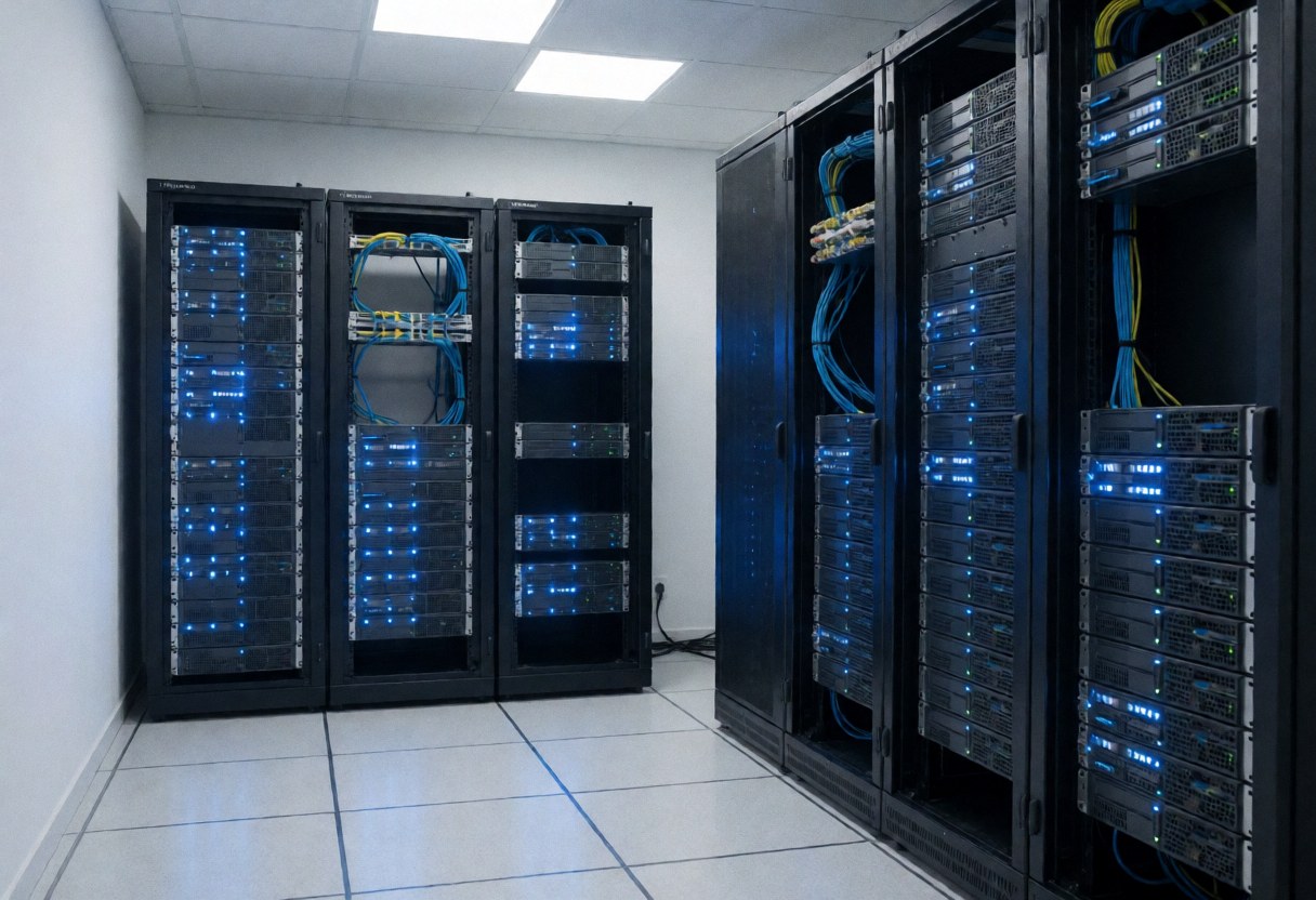 Clean and professional server room featuring organized racks, blue indicator lights, and neatly managed cables for IT support infrastructure.