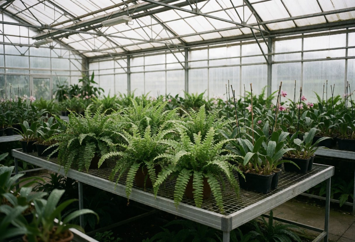 Spacious greenhouse filled with potted green plants and orchids under soft natural light, suitable for gardening and landscaping.