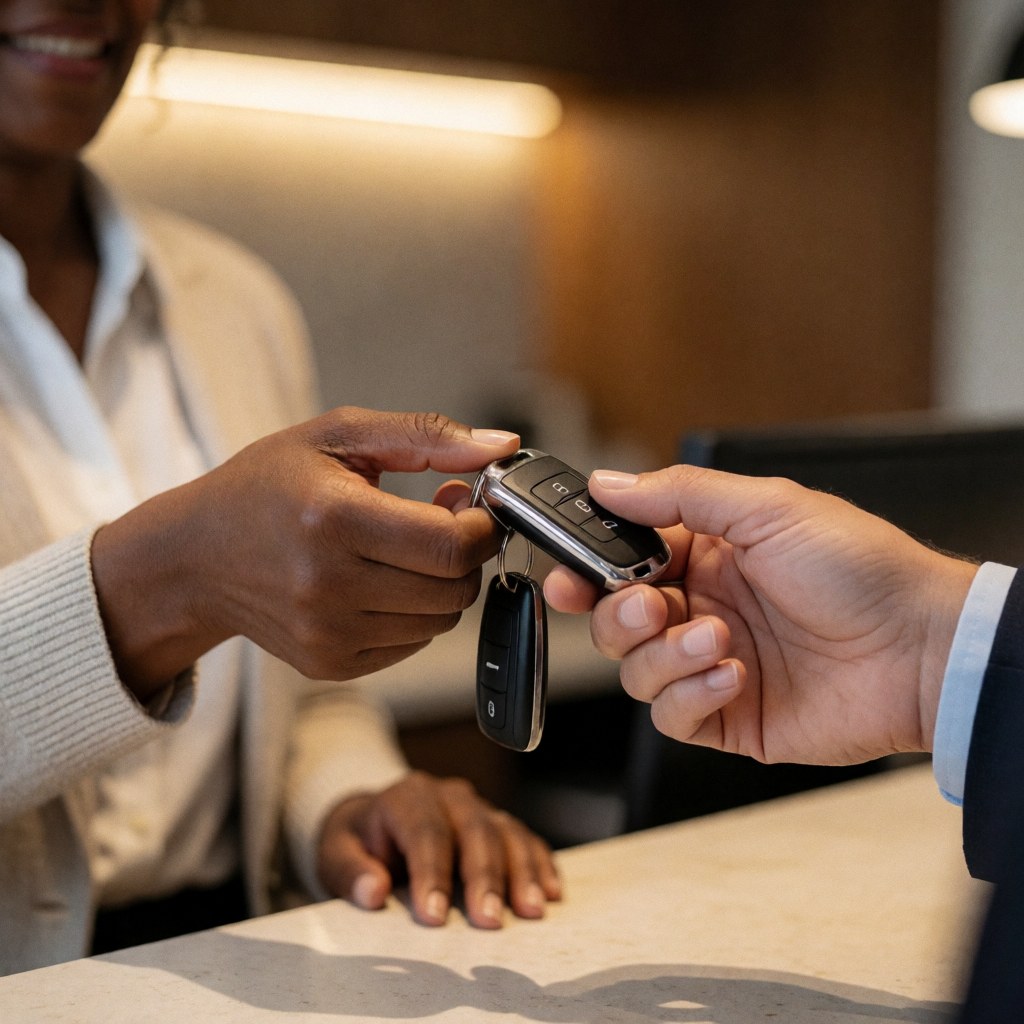 A woman hands car keys to a client at a modern reception desk, symbolizing trust and professional access in a coworking environment.