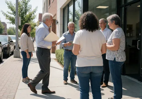 Adult consultants in professional casual attire hold a meeting outside a modern building, one holding a folder and tablet