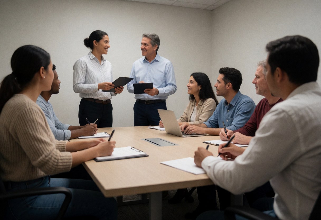 Marketing team in office meeting presenting results and taking notes on laptops and notebooks