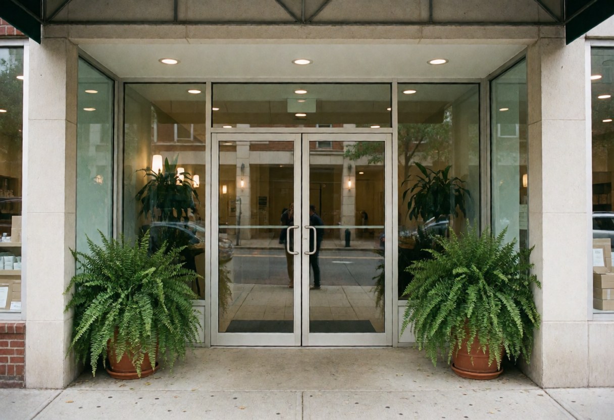 Clean and professional spa entrance featuring glass doors and potted green plants for a welcoming business exterior.