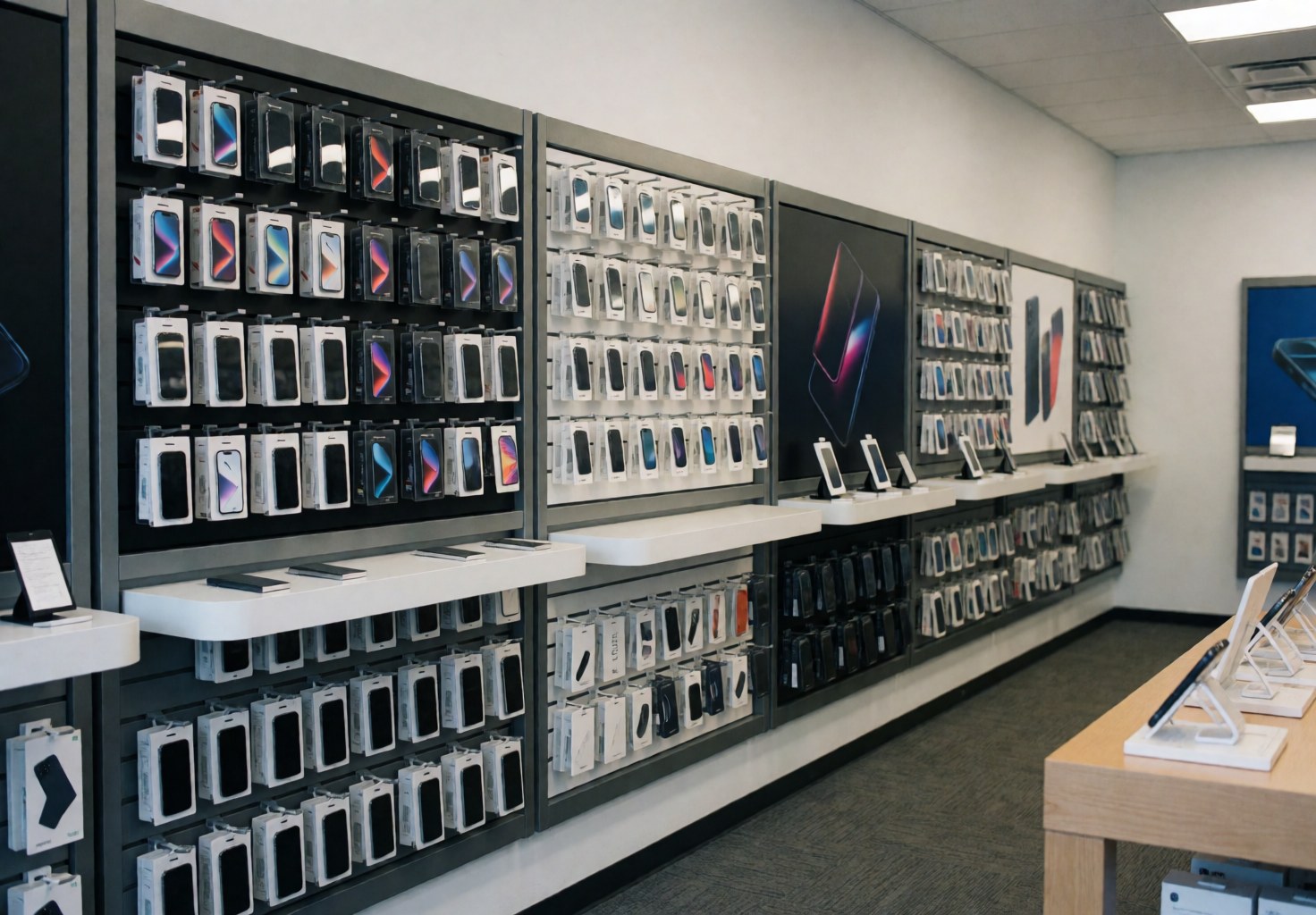 Interior of a modern mobile phone shop with shelves full of new products, bright lighting, and clean design ideal for promotions