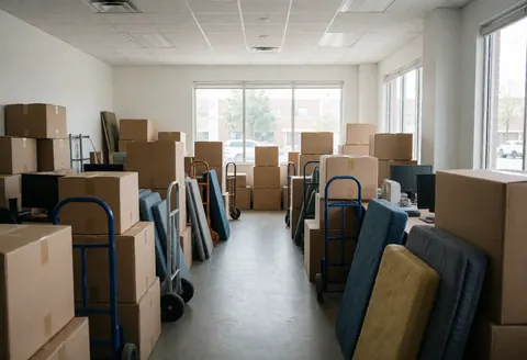 Interior view of a moving company office with stacked boxes, carts, and furniture ready for work