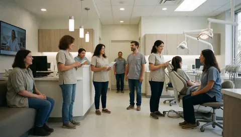 Dental professionals attending to patients in a modern clinic, showing reception, chairs, and medical equipment in a clean and professional environment.