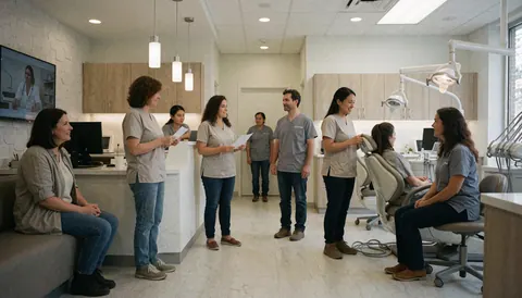 Dental professionals attending to patients in a modern clinic, showing reception, chairs, and medical equipment in a clean and professional environment.
