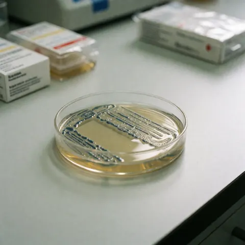 Petri dish with bacterial culture in a lab, with boxes of reagents in the background.