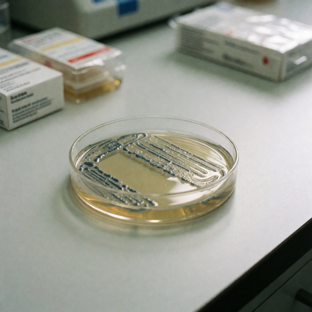 Petri dish with bacterial culture in a lab, with boxes of reagents in the background.